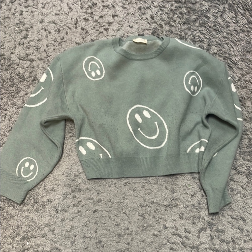 Altar'd State Seafoam Green Happy Face Sweater
